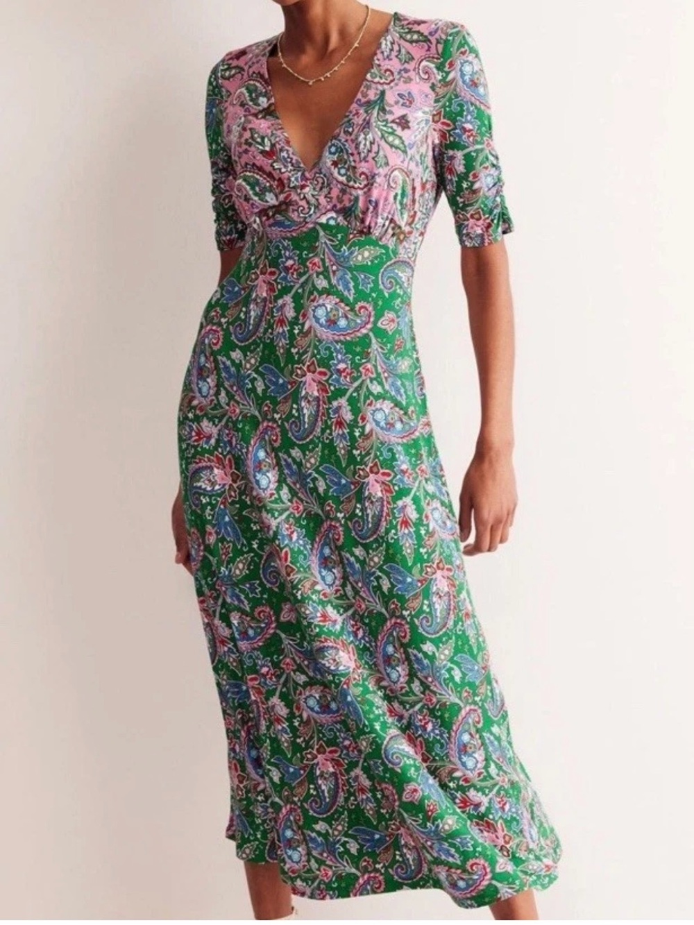 Boden Green and Pink Paisley V-Neck Midi Dress never worn
